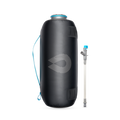 Front view of black HydraPak 8 litre expedition water storage bladder with flexible handle and shown with HydraPak Camp Tap. Ships Locally