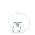 Front view of HydraPak 1.5 litre lumbar hydration reservoir with a flexible white tube connected at both ends, shown on a plain white background. The reservoir has blue and gray printed markings and a gray top cap. Ships locally.