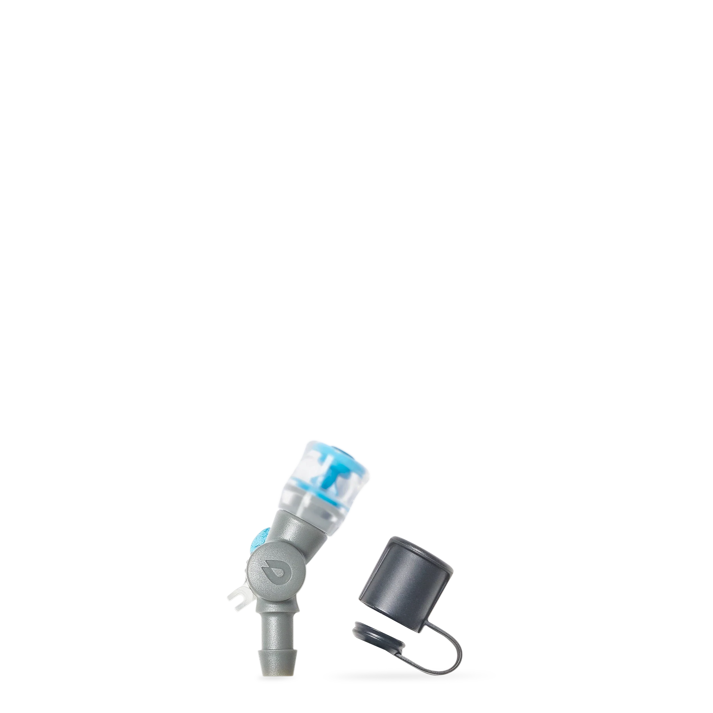 A gray and blue HydraPak Comet bite valve with its black cap and small black loop accessory, shown on a plain white background. Ships locally.