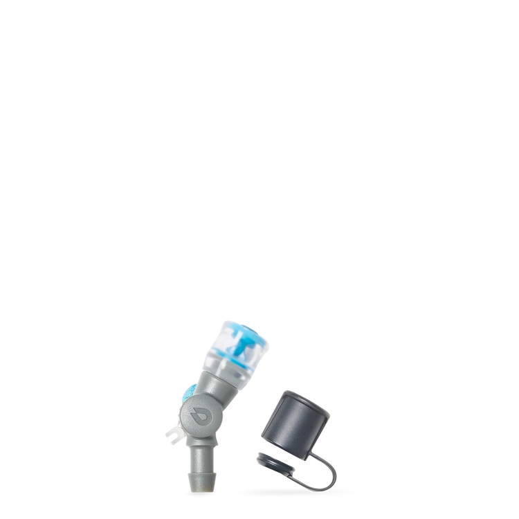 A gray and blue HydraPak Comet bite valve with its black cap and small black loop accessory, shown on a plain white background. Ships locally.