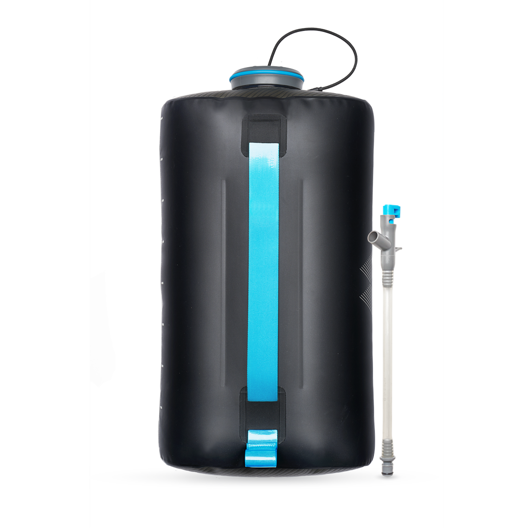Side view of black HydraPak 8 litre expedition water storage bladder with flexible handle and shown with HydraPak Camp Tap.