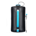 Side view of black HydraPak 8 litre expedition water storage bladder with flexible handle and shown with HydraPak Camp Tap.