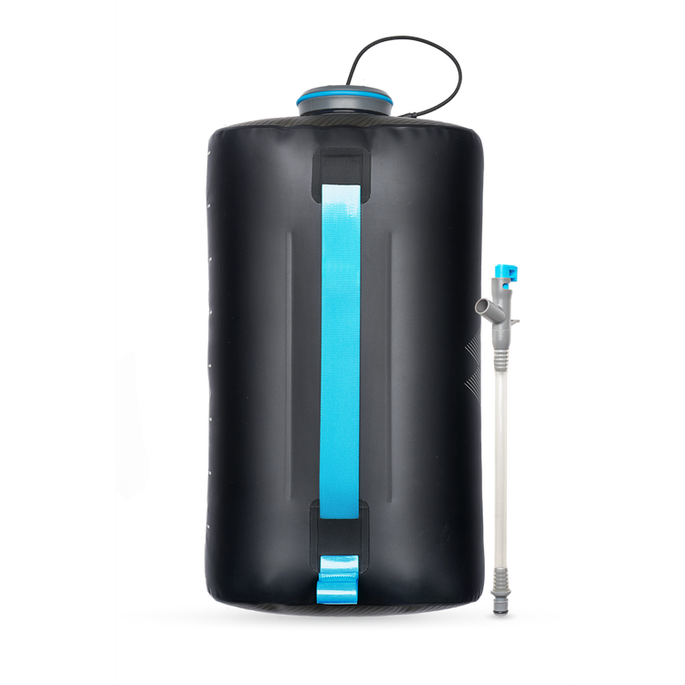 Side view of black HydraPak 8 litre expedition water storage bladder with flexible handle and shown with HydraPak Camp Tap.