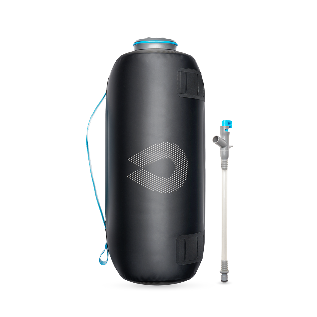 Front view of black HydraPak 8 litre expedition water storage bladder with flexible handle and shown with HydraPak Camp Tap. Ships Locally