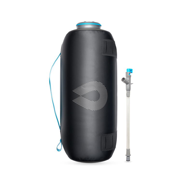 Front view of black HydraPak 8 litre expedition water storage bladder with flexible handle and shown with HydraPak Camp Tap. Ships Locally