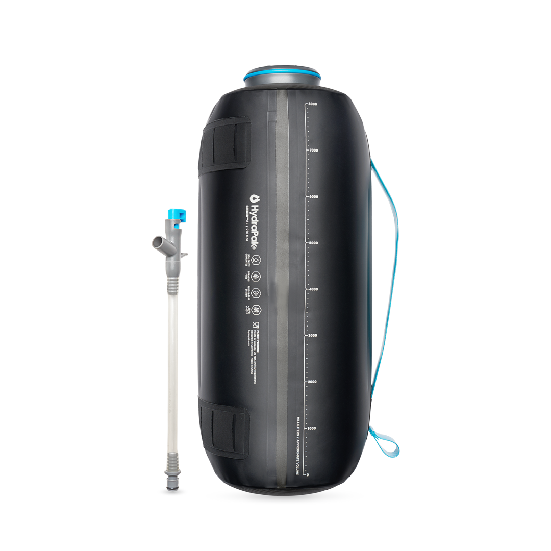 Back view of black HydraPak 8 litre expedition water storage bladder with measurements and flexible handle and shown with HydraPak Camp Tap.