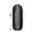 Back view of black HydraPak 8 litre expedition water storage bladder with measurements and flexible handle and shown with HydraPak Camp Tap.