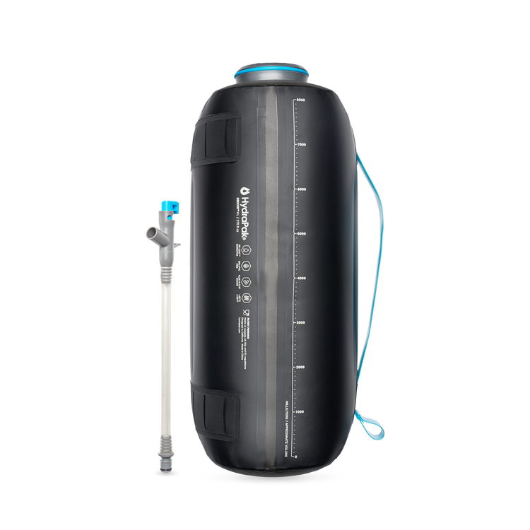 Back view of black HydraPak 8 litre expedition water storage bladder with measurements and flexible handle and shown with HydraPak Camp Tap.