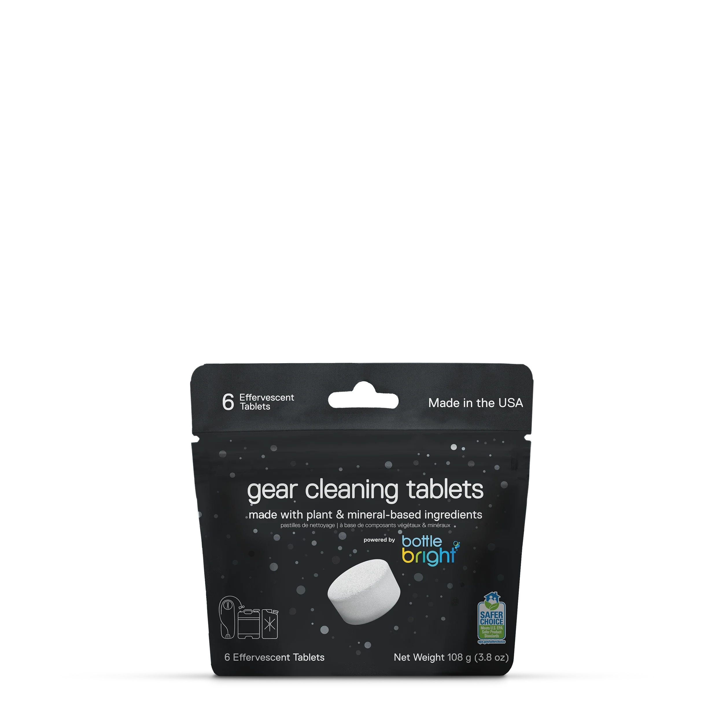 A package of Bottle right gear cleaning tablets on a clean white background. The black resealable pouch shows white text stating made with plant & mineral-based ingredients and a photo of a single white tablet. Ships locally.