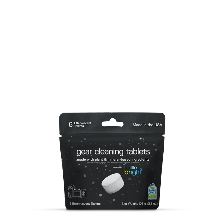 A package of Bottle right gear cleaning tablets on a clean white background. The black resealable pouch shows white text stating made with plant & mineral-based ingredients and a photo of a single white tablet. Ships locally.