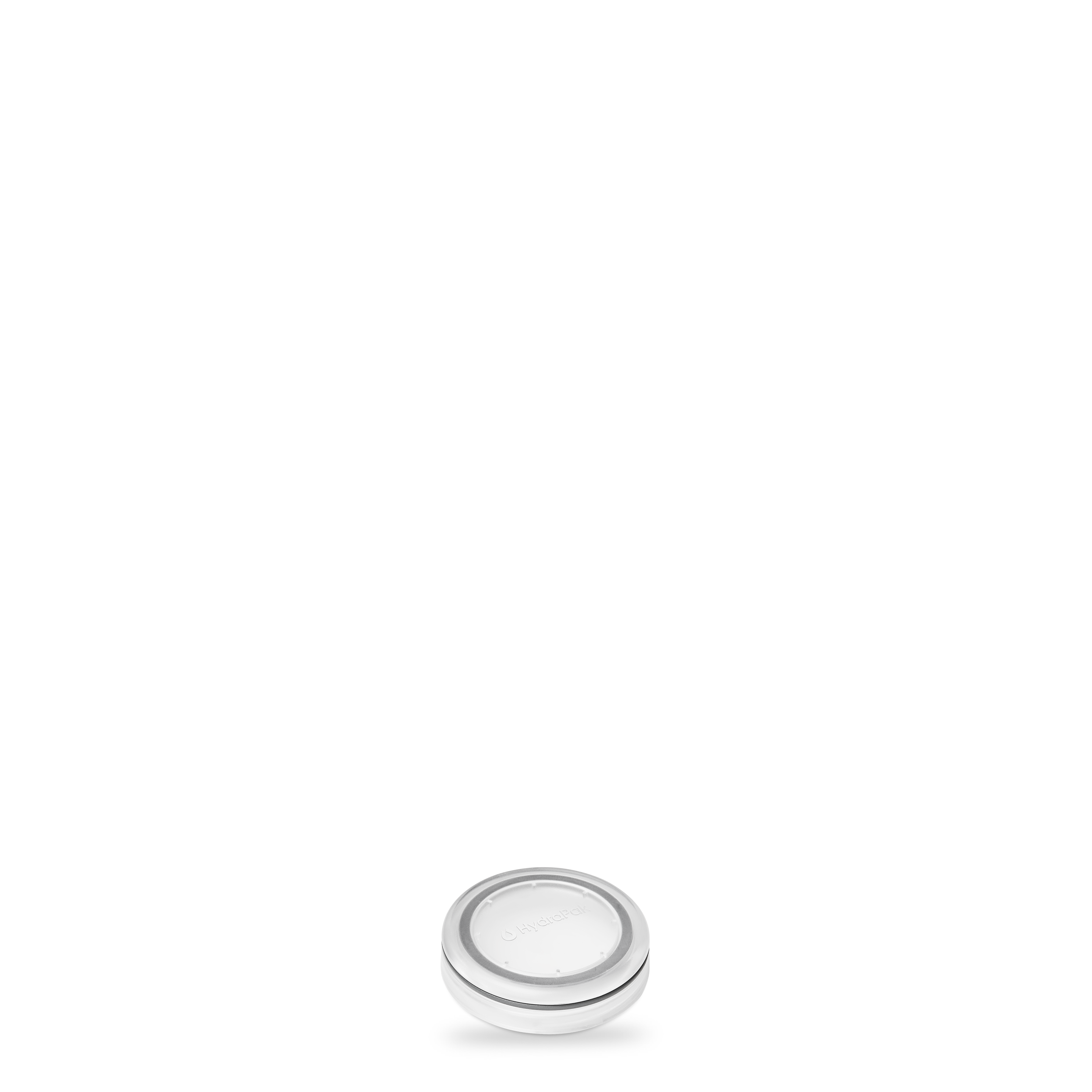 Front overhead view of HydraPak Recon leakproof Flat Cap to convert 500 ml, 750 ml and 1 litre Recon bottles into a wide mouth bottle for water or dry food storage.  Colour: Clear. Ships locally.
