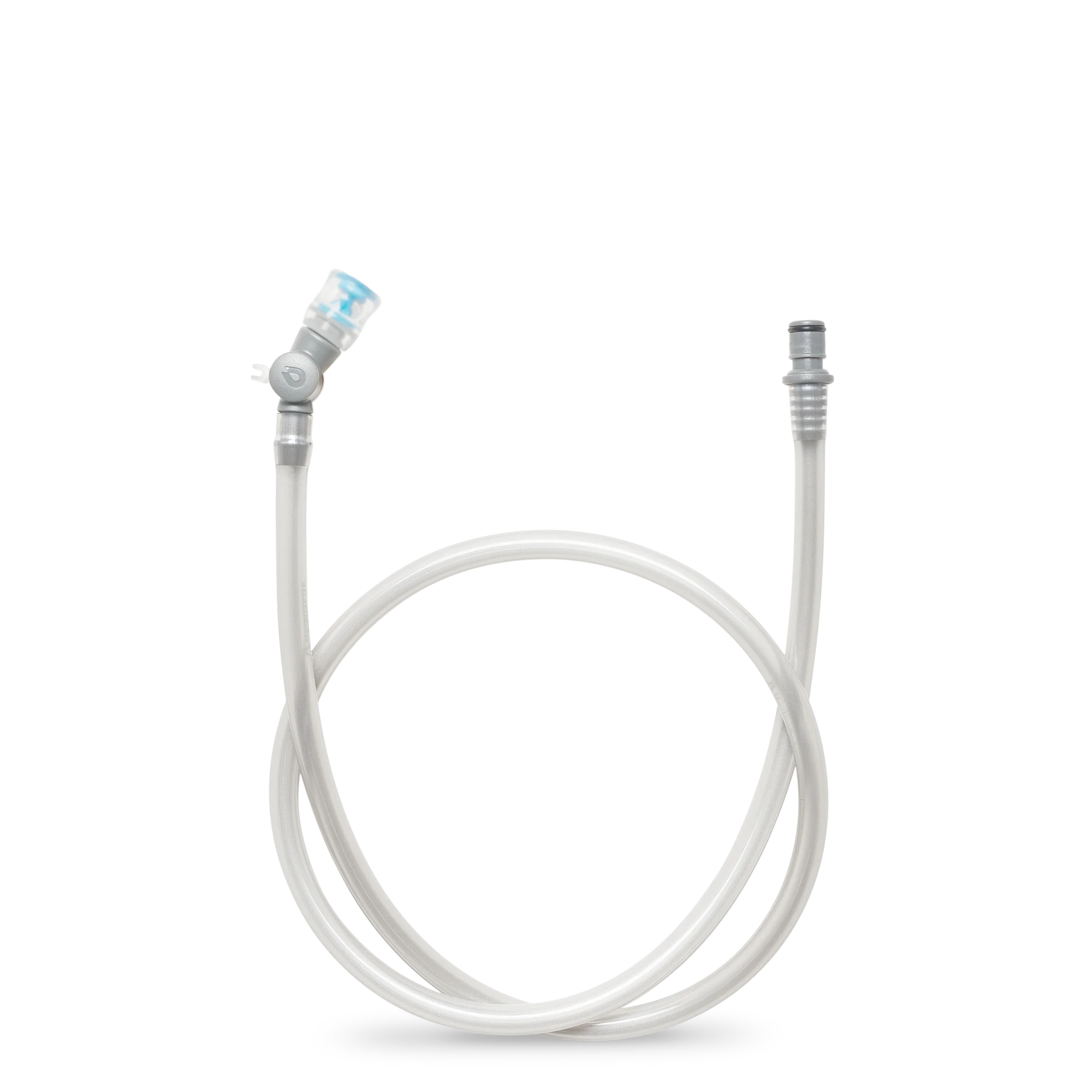 A HydraPak clear HydraFlex™ Tube with a clear and blue spray nozzle on one end and a silver metal connector on the other, shown on a white background. Ships locally.