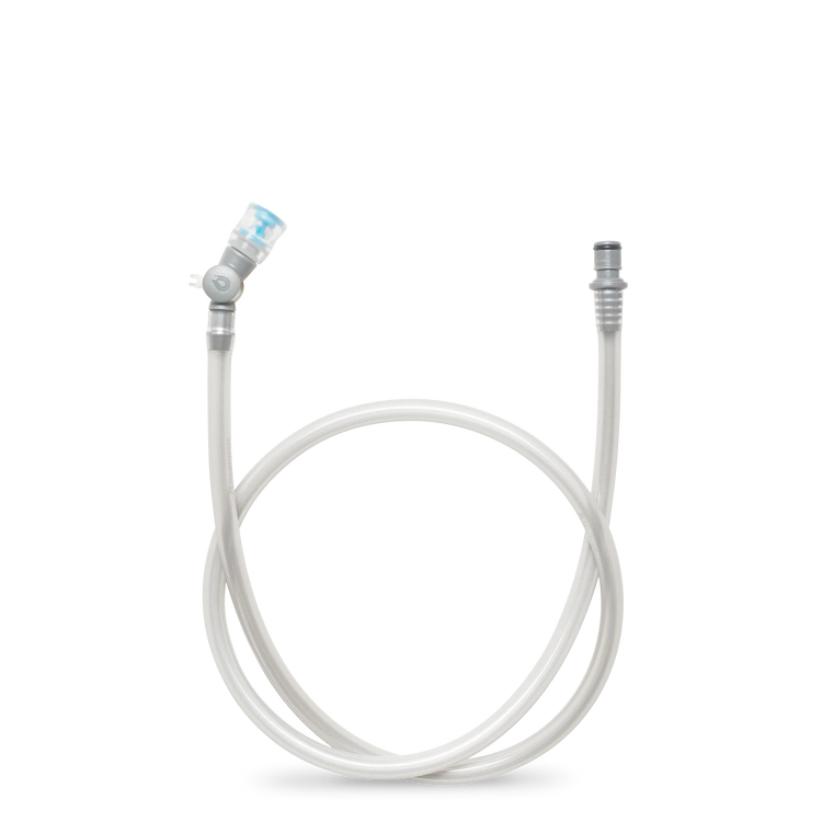 A HydraPak clear HydraFlex™ Tube with a clear and blue spray nozzle on one end and a silver metal connector on the other, shown on a white background. Ships locally.