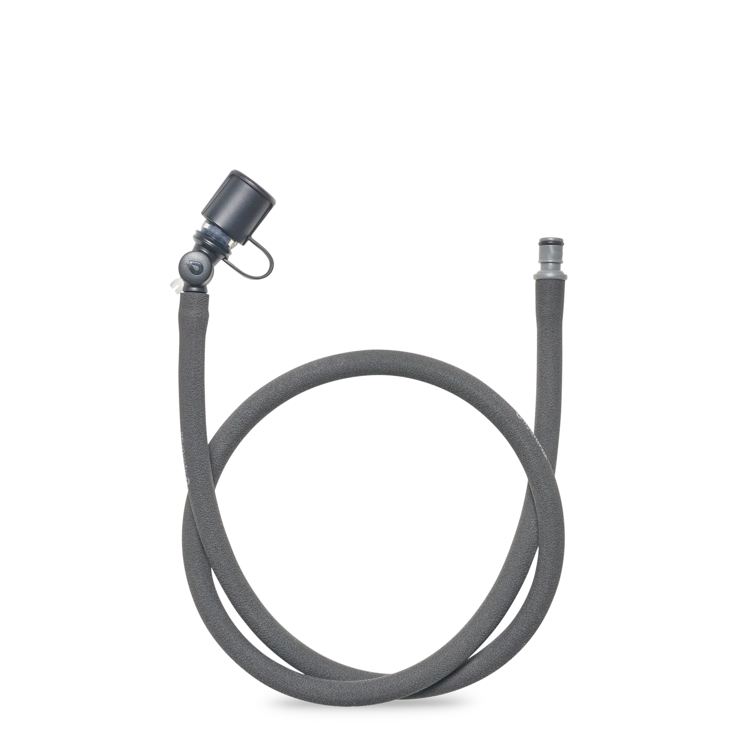 HydraPak gray insulated HydraFusion™ Tube with a black adjustable nozzle and metal connector, coiled on a plain white background. Ships locally