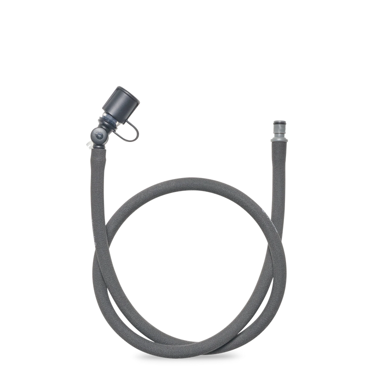 HydraPak gray insulated HydraFusion™ Tube with a black adjustable nozzle and metal connector, coiled on a plain white background. Ships locally