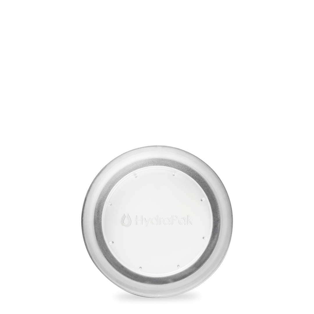 Direct overhead view of HydraPak Recon leakproof Flat Cap to convert 500 ml, 750 ml and 1 litre Recon bottles into a wide mouth bottle for water or dry food storage.  Colour: Clear. 