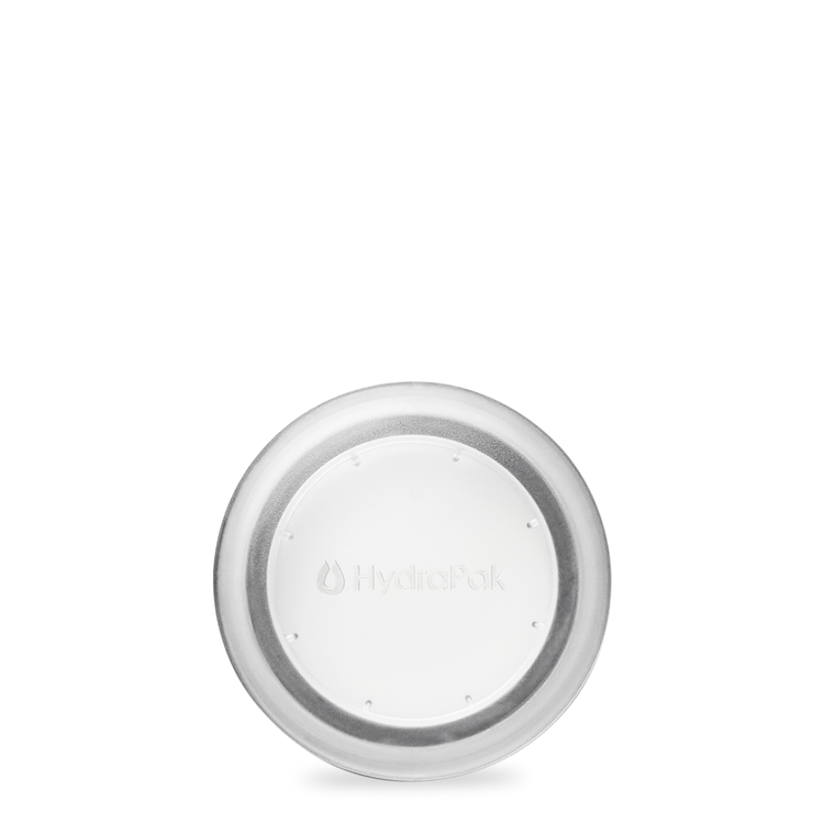 Direct overhead view of HydraPak Recon leakproof Flat Cap to convert 500 ml, 750 ml and 1 litre Recon bottles into a wide mouth bottle for water or dry food storage.  Colour: Clear. 