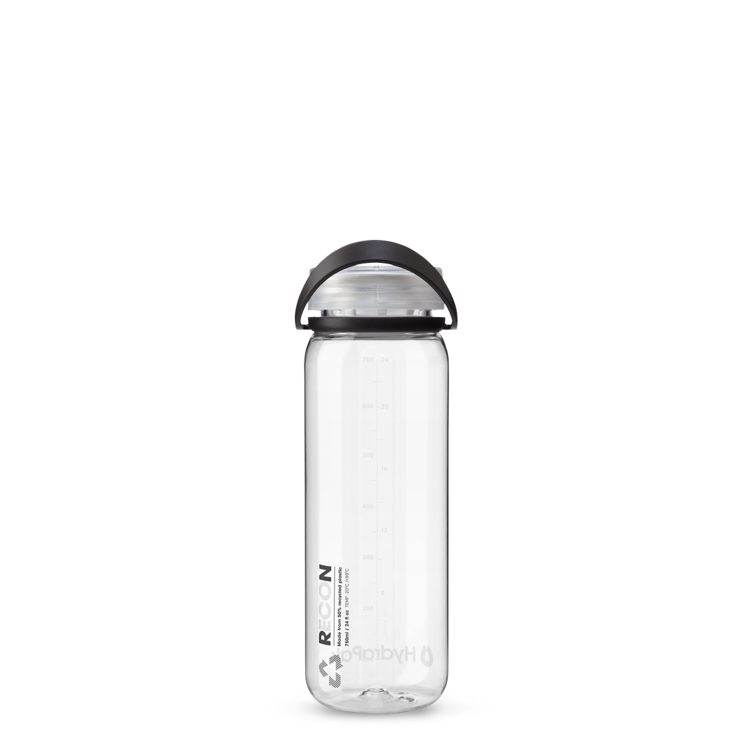 Back view of 750ml HydraPak Recon™ water bottle with twist cap, bail handle and measurement markings – Black/White 