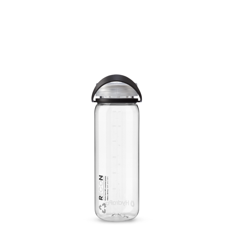 Back view of 750ml HydraPak Recon™ water bottle with twist cap, bail handle and measurement markings – Black/White 