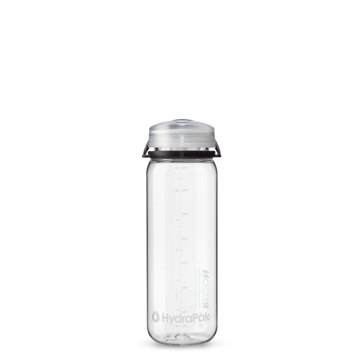 Front view of 750ml HydraPak Recon™ water bottle with twist cap and bail handle – Black/White 