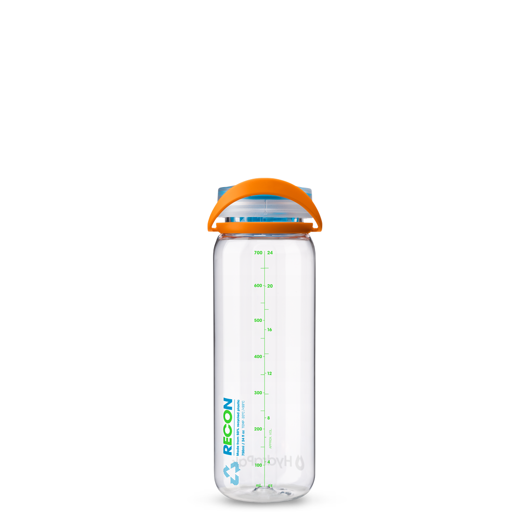 Back view of 750ml HydraPak Recon™ water bottle with twist cap, bail handle and measurement markings – Confetti 