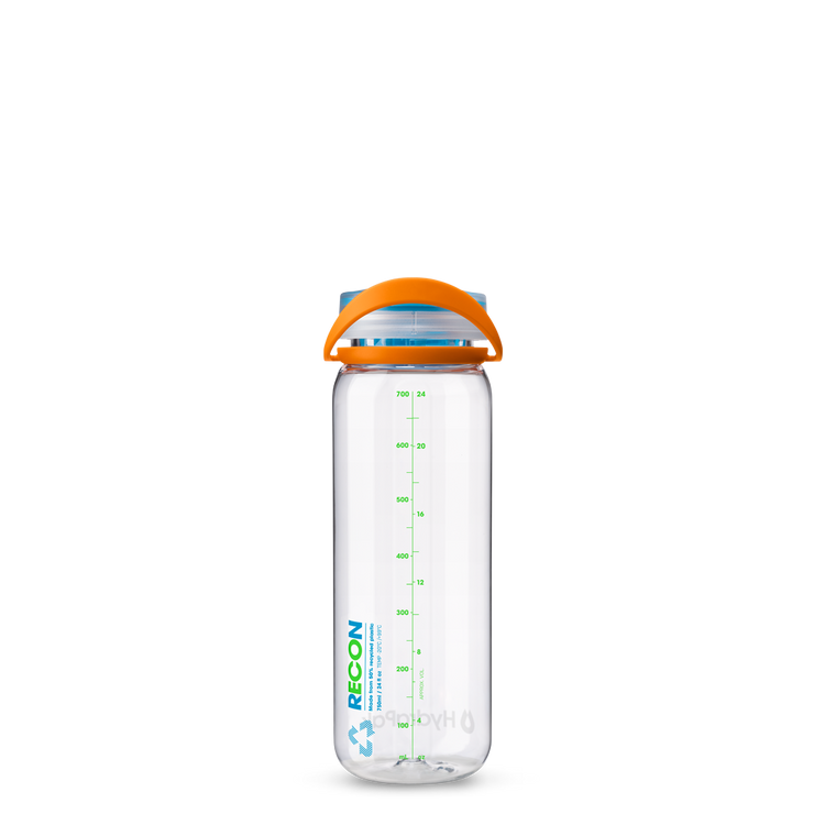 Back view of 750ml HydraPak Recon™ water bottle with twist cap, bail handle and measurement markings – Confetti 
