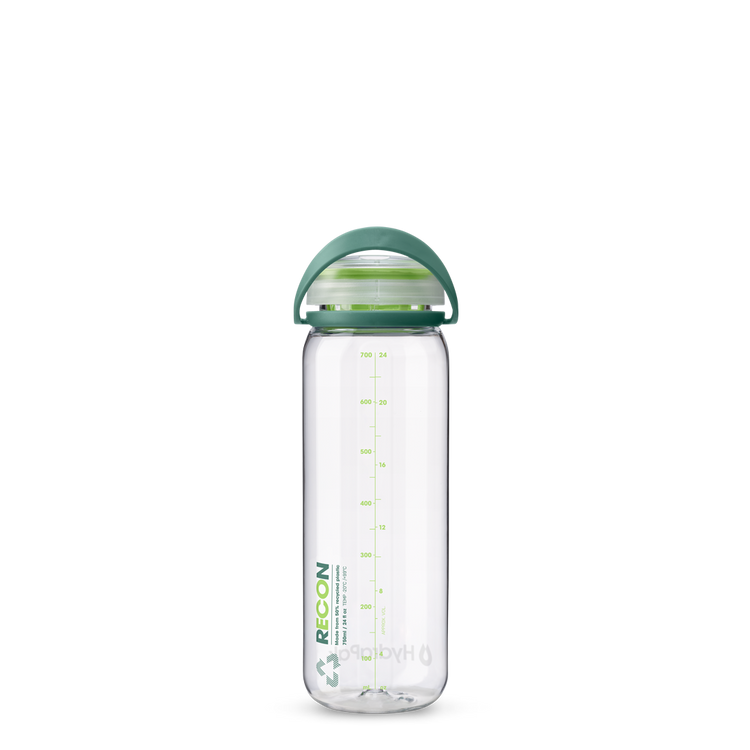 Back view of 750ml HydraPak Recon™ water bottle with twist cap, bail handle and measurement markings – Evergreen/Lime 
