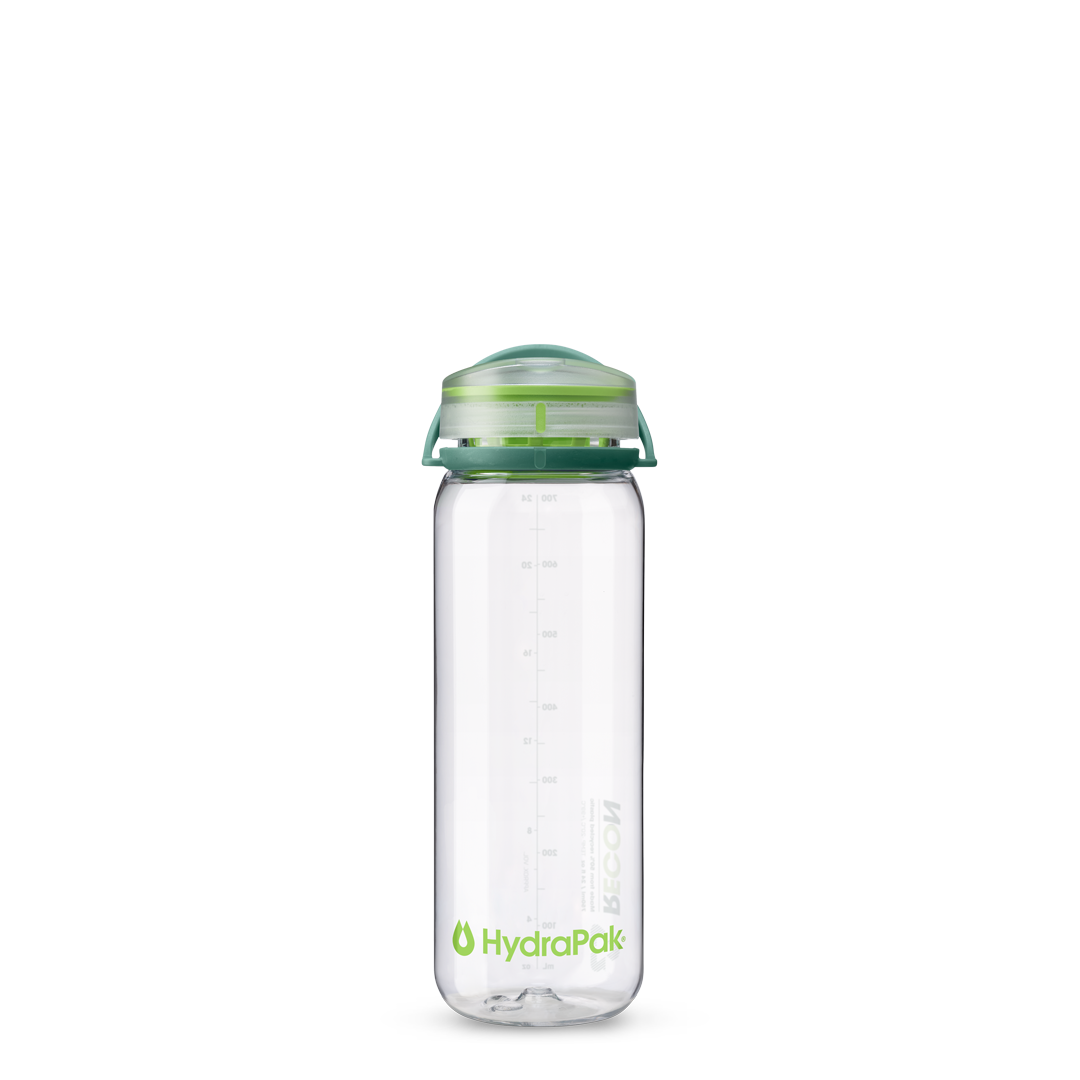 Front view of 750ml HydraPak Recon™ water bottle with twist cap and bail handle – Evergreen/Lime 