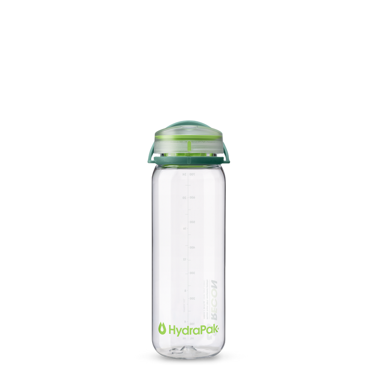Front view of 750ml HydraPak Recon™ water bottle with twist cap and bail handle – Evergreen/Lime 