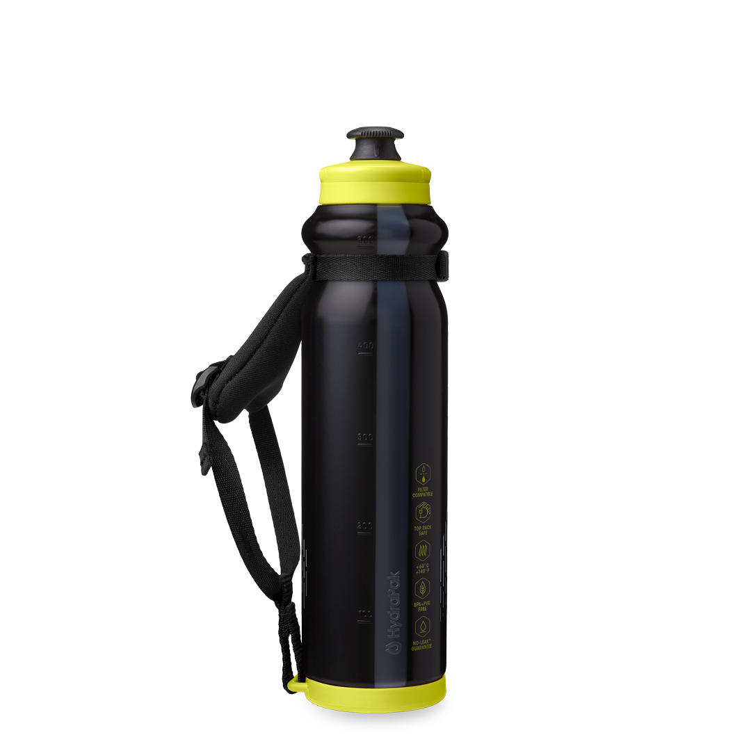 Back view of the HydraPak Tempo Pro 525ml with the handle off to the left. Colour: Black 