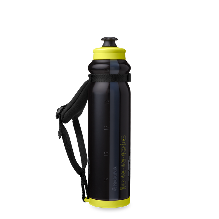 Back view of the HydraPak Tempo Pro 525ml with the handle off to the left. Colour: Black 