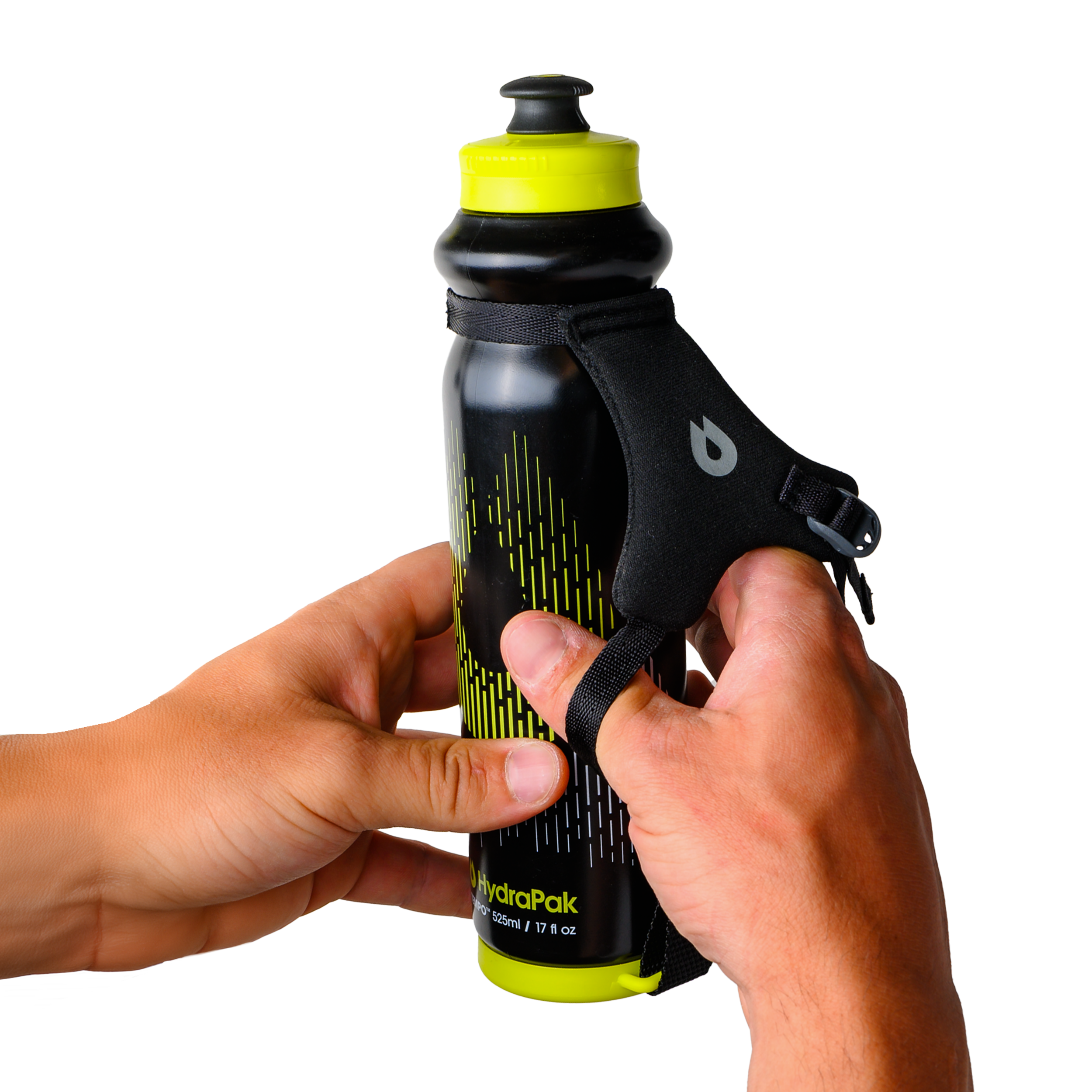 Person holding the HydraPak Tempo Pro 525ml using the handle. Colour:  Black 