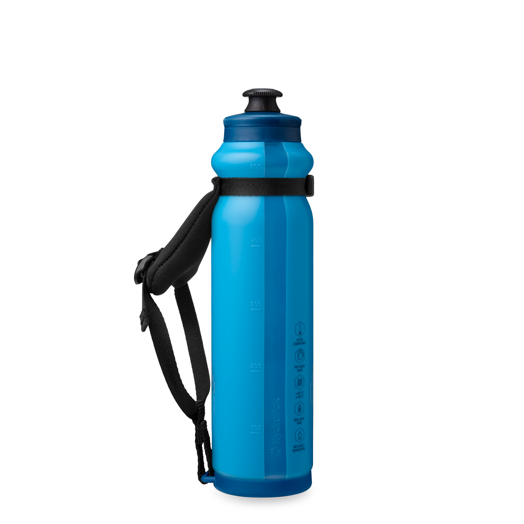 Back view of the HydraPak Tempo Pro 525ml with the handle off to the left. Colour: Blue 