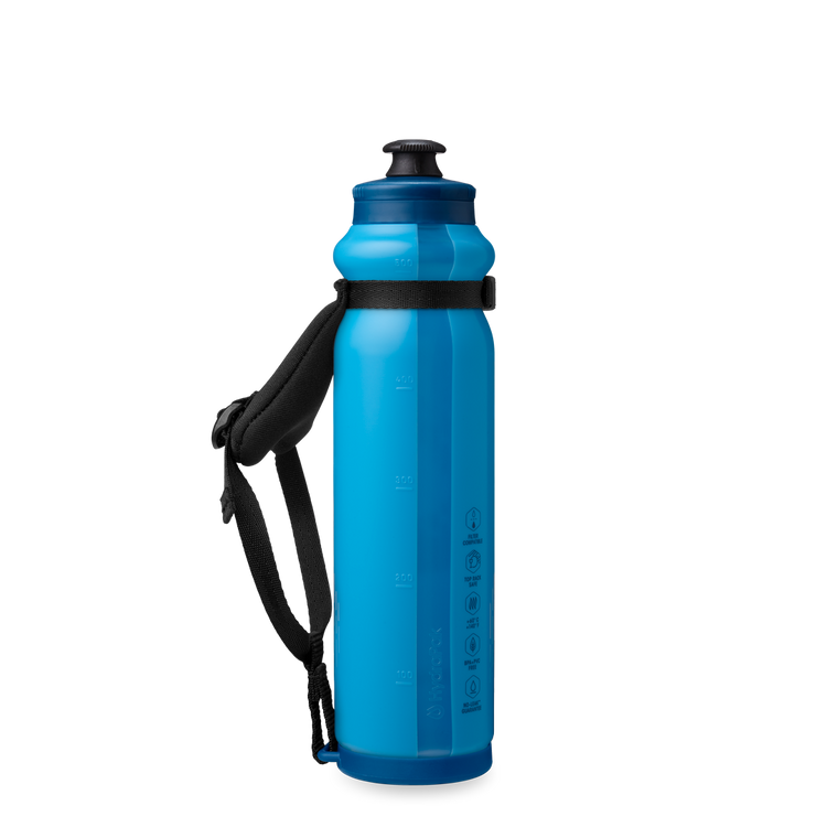 Back view of the HydraPak Tempo Pro 525ml with the handle off to the left. Colour: Blue 