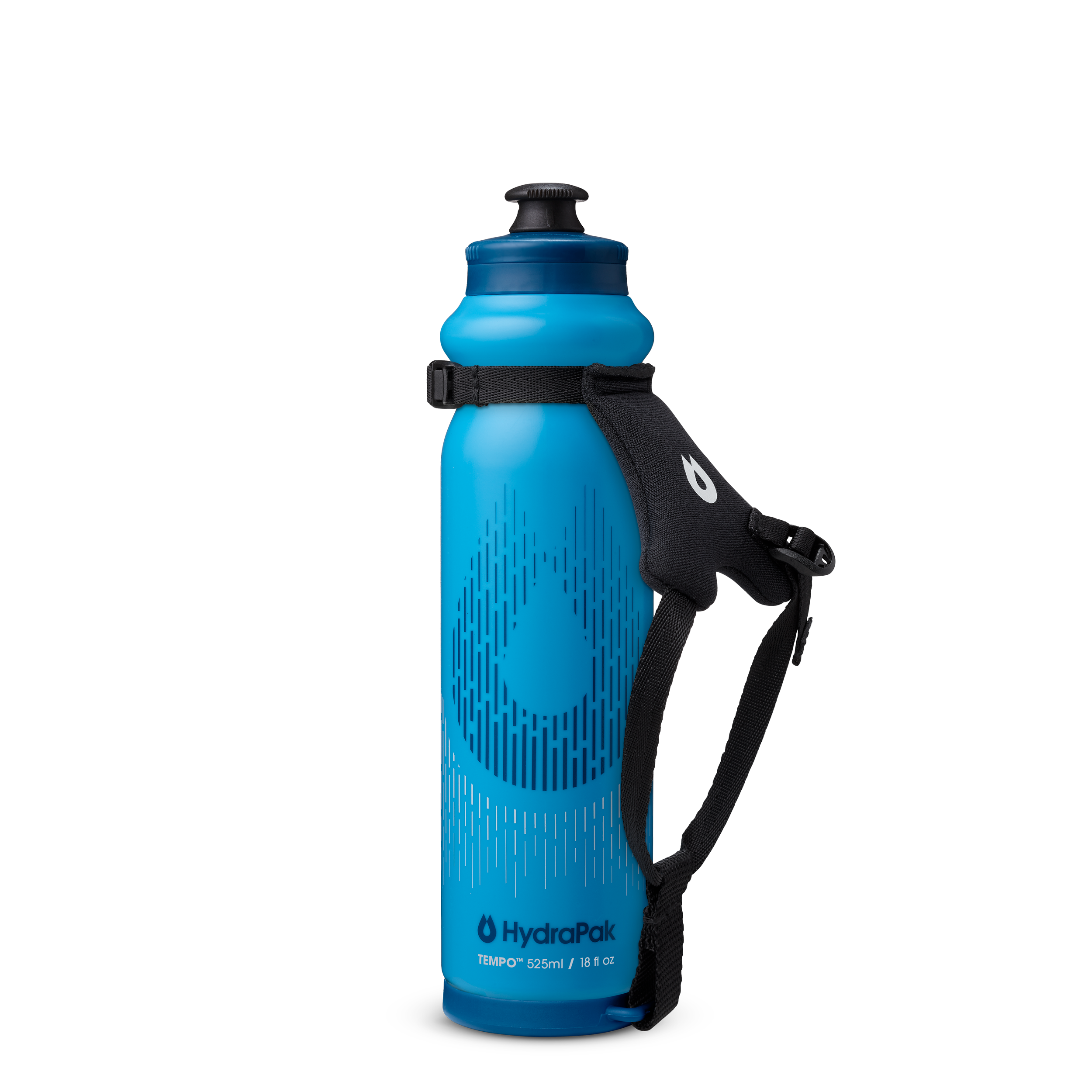 Front view of the HydraPak Tempo Pro 525ml with the handle off to the right. Colour: Blue 