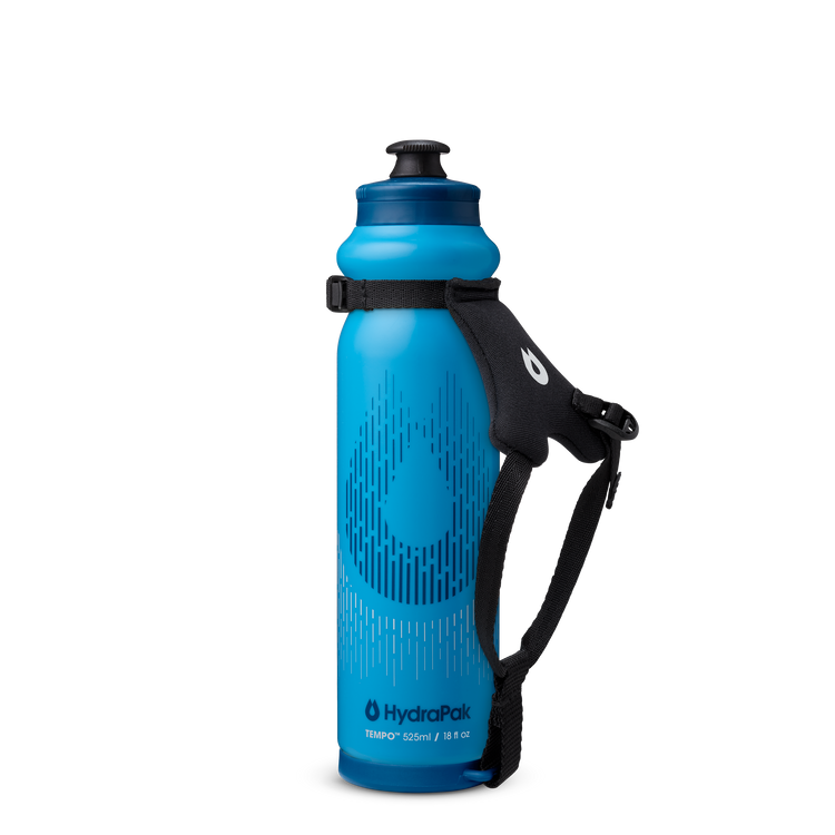 Front view of the HydraPak Tempo Pro 525ml with the handle off to the right. Colour: Blue 