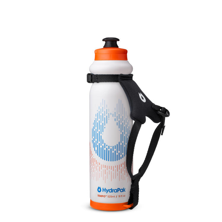 Front view of the HydraPak Tempo Pro 525ml with the handle off to the right. Colour: White 