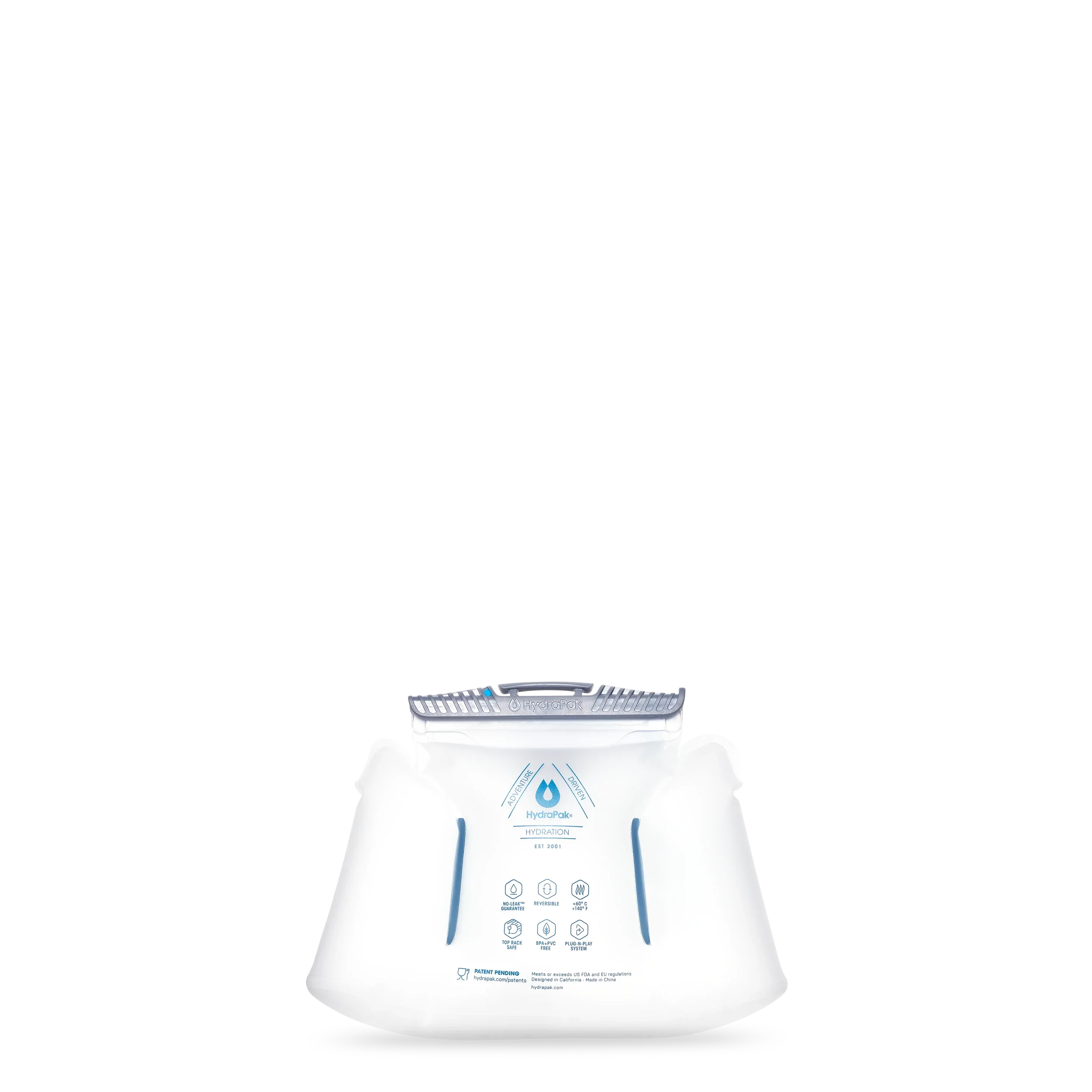 Back view of HydraPak 1.5 litre lumbar hydration reservoir shown on a plain white background. The reservoir has blue and gray printed markings and a gray top cap. 
