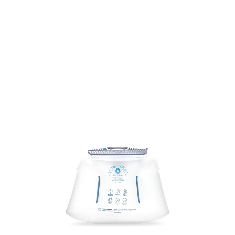 Back view of HydraPak 1.5 litre lumbar hydration reservoir shown on a plain white background. The reservoir has blue and gray printed markings and a gray top cap. 