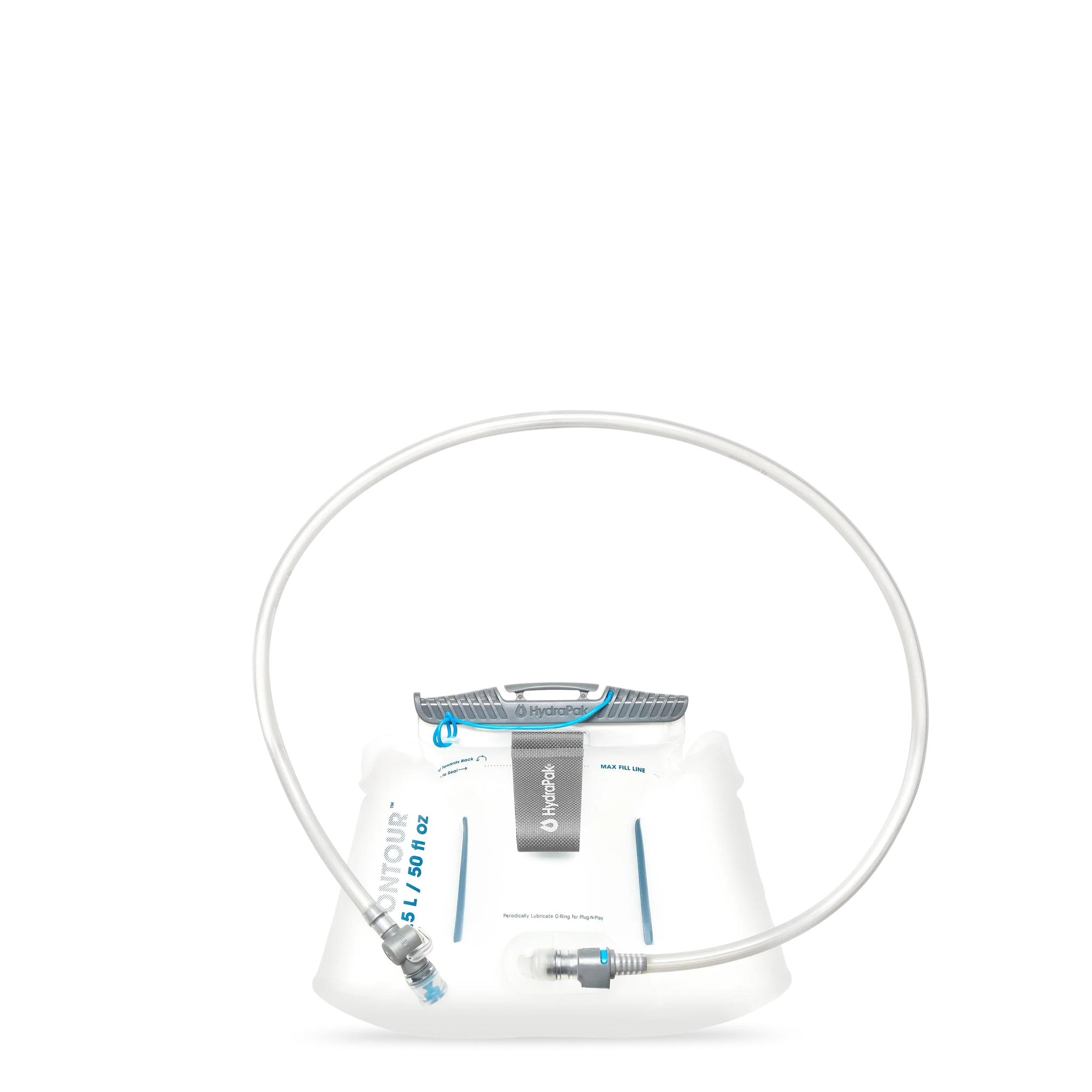 Front view of HydraPak 1.5 litre lumbar hydration reservoir with a flexible white tube connected at both ends, shown on a plain white background. The reservoir has blue and gray printed markings and a gray top cap. Ships locally.