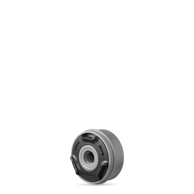 Front three quarter view of single HydraPak 42mm Plug-n-Play cap. Colour: Grey. Ships locally